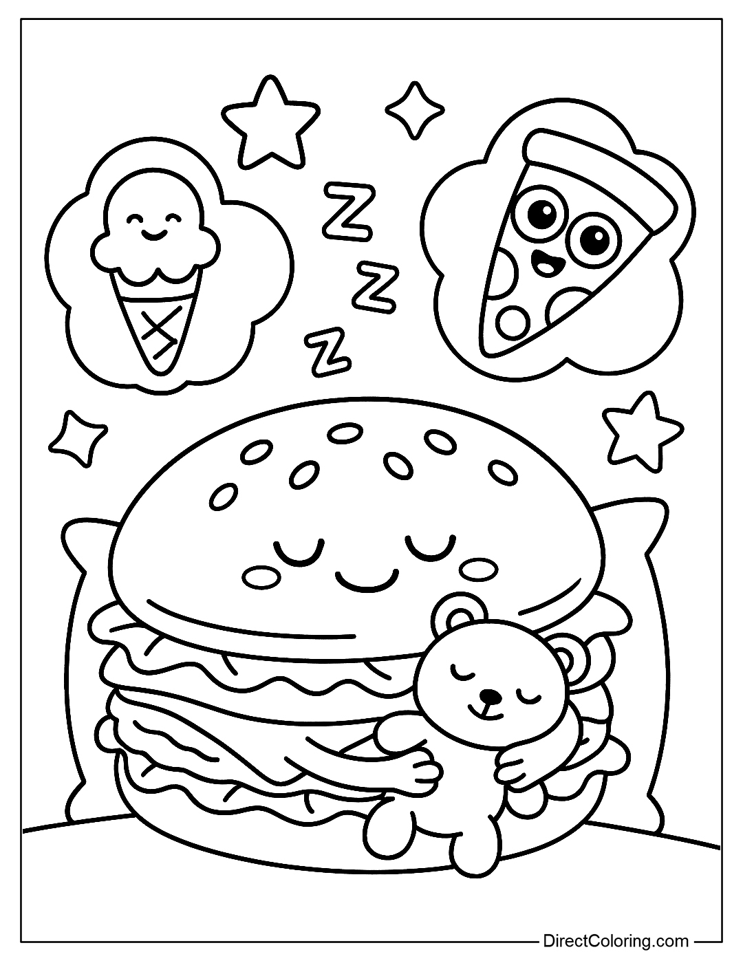 a coloring page of a sleeping hamburger, surrounded by funny dreams like ice cream, pizza, stars and teddy bears